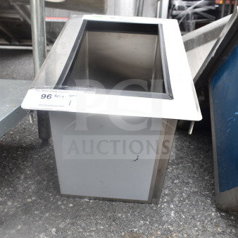 Regency 600DIIB1812 stainless steel drop-in ice bin, 18"x12", 20 lb capacity, with sliding lid. Appears in good condition.
