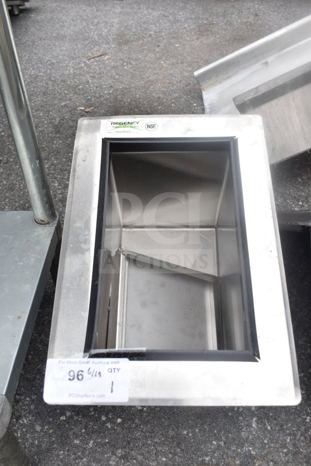 Regency 600DIIB1812 18" x 12" stainless steel drop-in ice bin with sliding lid, 20 lb capacity. NSF label visible.