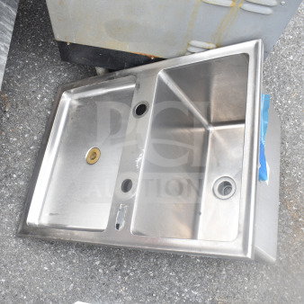 Stainless steel drop-in bay sink, dual basin, visible scratches, used condition, drain fittings included.