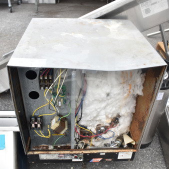 Hatco Commercial Hot Water Booster Heater, 480 Volts, 3 Phase. Visible wear, internal wiring and components exposed.