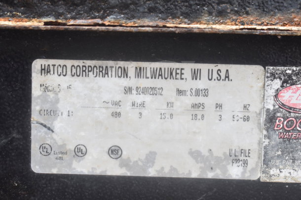 Hatco Commercial Hot Water Booster Heater label showing 480 volts, 3 phase, 15 kW, 18 amps, NSF certified. Serial number 9240020512.