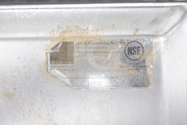 Elkay Drop In Bay, stainless steel, shows wear. Visible label with NSF certification and product number 12232.