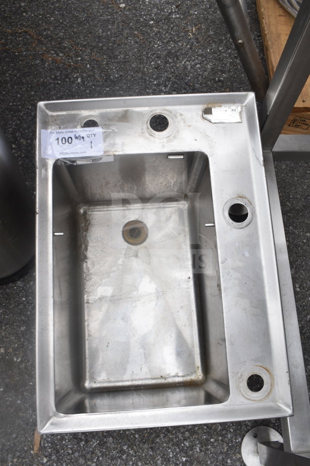 Stainless steel drop-in bay with drainage hole, lightly worn. Label showing "100" marks auction lot number.