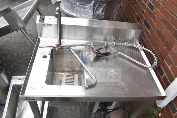 Stainless steel table with integrated sink bay, Marco 10018805BX beverage system, good condition, NSF label visible.