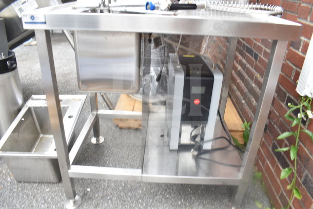 Table with sink bay featuring Marco 10018805BX beverage system, stainless steel, used, includes faucet and wiring components.