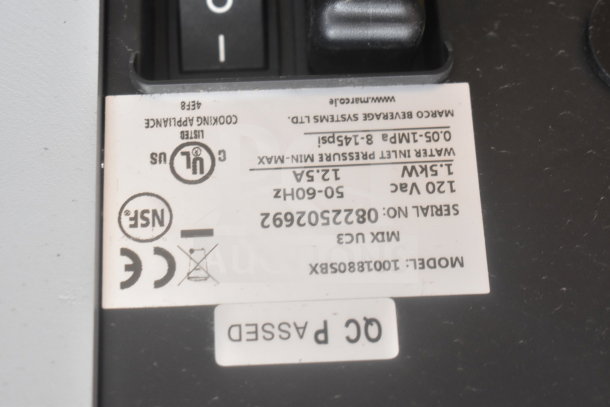 Label showing details for Marco Beverage Systems, Model 10018805BX, serial number 08225020692, UL and NSF certified.