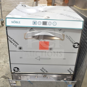 Brand new Noble 495LTUC24 commercial undercounter dishwasher, 120V, 1 phase, low-temp, visible protective covering.