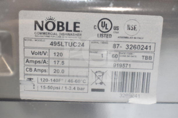 Noble 495LTUC24 Commercial Dishwasher label showing voltage, amps, and certification markings. Brand new scratch and dent.