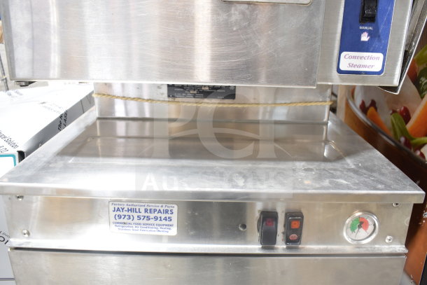 Cleveland 24CEM24 electric steamer, stainless steel, dual deck, convection, 440/480V, 3 phase, Jay-Hill service label shown.