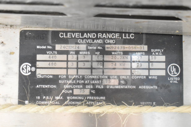 Cleveland 24CEM24 electric steam cabinet label. Shows model, serial number, voltage, phase, wattage, and wiring details.