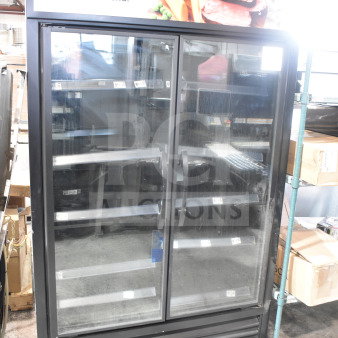 2022 True TVM-48SL-HC 2 Door Reach In Cooler, 115V, black exterior, glass doors, shelves, commercial use, good condition.