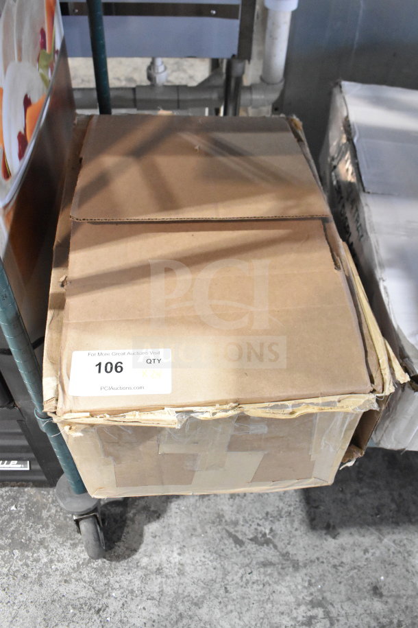 Box containing 24 brown menu covers, labeled with auction lot number 106. Quantity indicated as 24 times your bid.