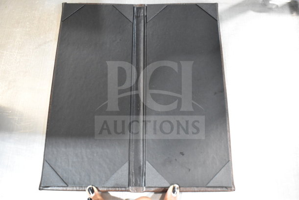24 brown menu covers in good condition, each with corner tabs for holding menus securely. Sold as a set.