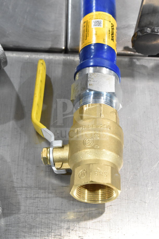 "Dormont 16125KIT48 gas connector kit with snap-on brass valve, blue hose, yellow handle, two elbows, and restraining cable."