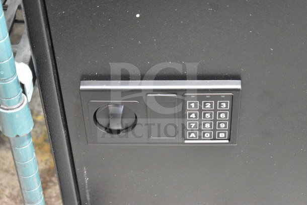 360 Office Furniture single compartment safe with keypad entry, black finish. No combination provided. Minimal wear.