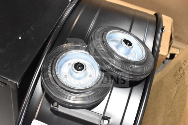 Boltic VF-30MC drum fan, black powder-coat, showing durable wheels. 30" fan, 3-speed, 9,250 CFM, 120V.