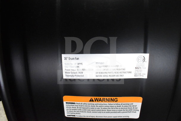 Boltic VF-30MC 30" drum fan labeling showing model number, power input 120V, motor output 140W, thermally protected.