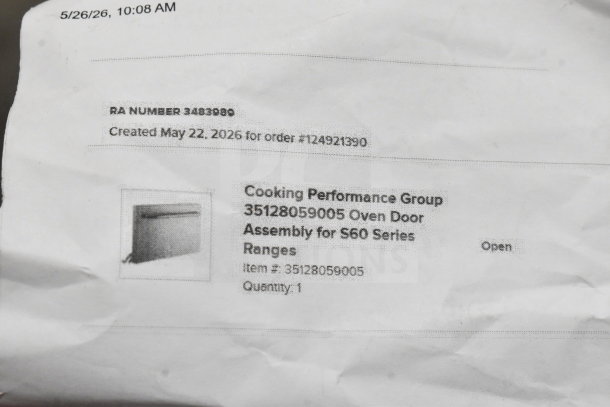 Cooking Performance Group CPG 35128059005 Oven Door for S60 Series. New, item #35128059005, order #124921390.