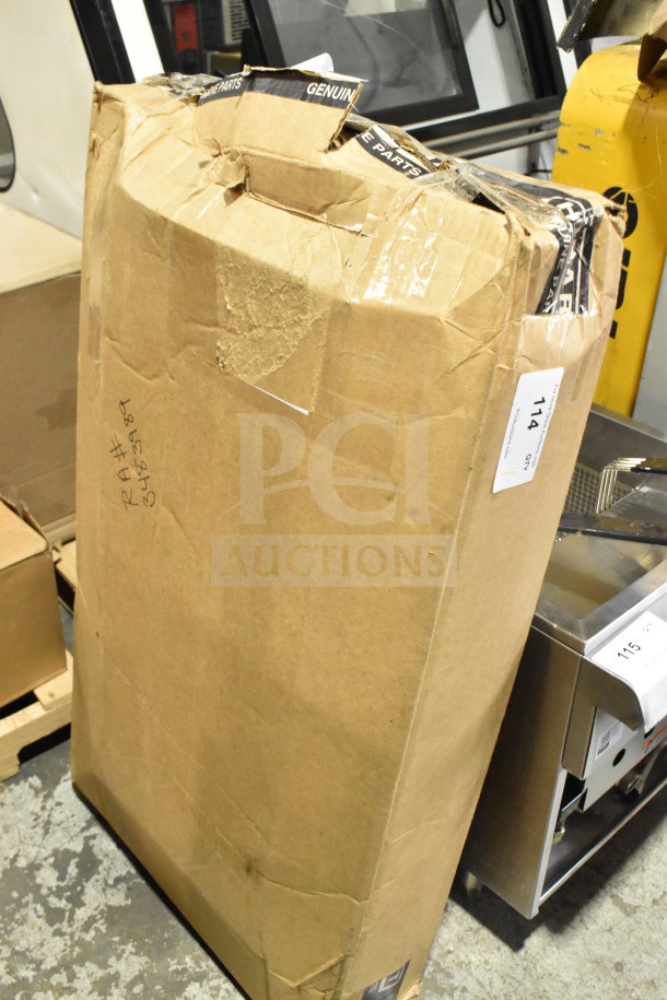 Brown package marked as CPG 35128059005 Oven Door by Cooking Performance Group. Box shows signs of wear with handwritten "RA# 3483989."