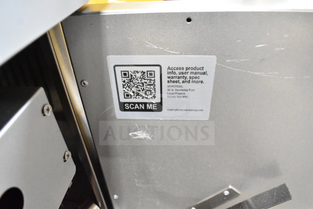 BRAND NEW 2025 Cooking Performance Group FCPG30 fryer, 30 lb., liquid propane, 53,000 BTU; shown with label and QR code.