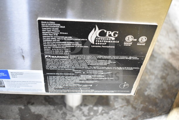"CPG 351FCPG30L countertop fryer label, showing brand, model, safety warnings, and installation instructions."