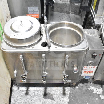 Cecilware Commercial Countertop Hot Tea Urn, stainless steel, 120 Volts, 1 phase, multiple spouts, model label visible.