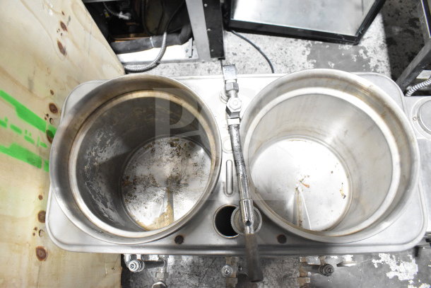 Cecilware commercial countertop hot tea urn, dual tanks, used, stainless steel, 120 volts, 1 phase, visible wear.