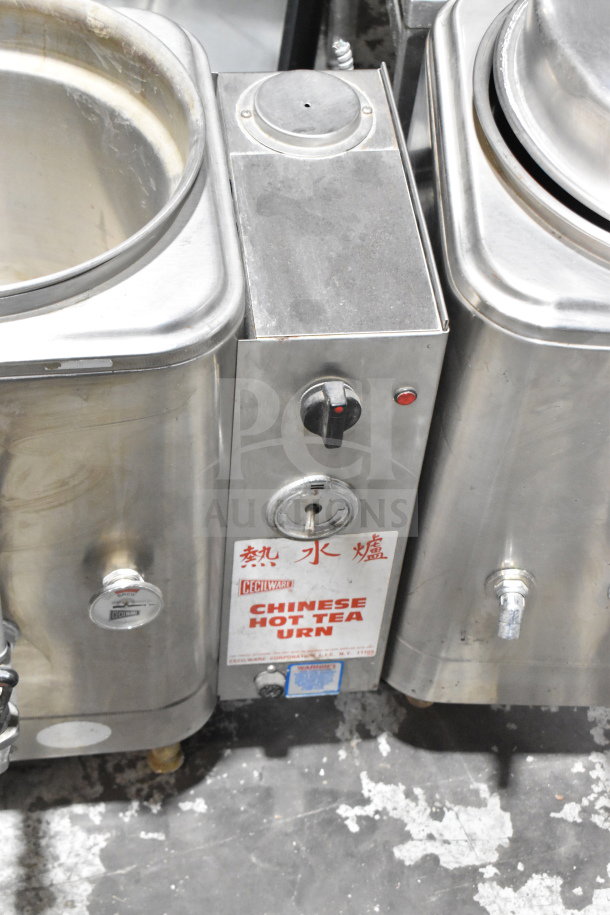 Cecilware commercial countertop hot tea urn, 120 volts, stainless steel, features control knob and spout, visible wear.