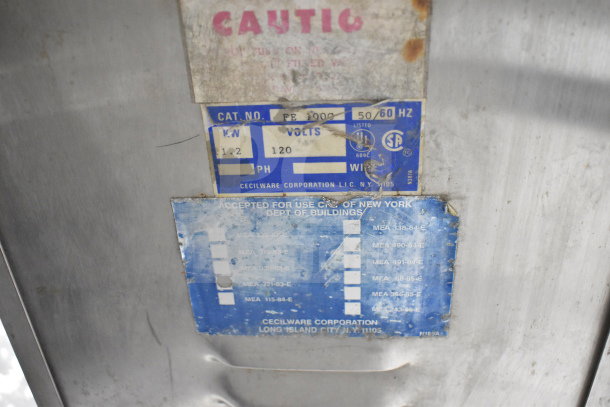 Cecilware Commercial Hot Tea Urn label, 120V, 1 Phase, showing manufacturer details and electrical specifications.