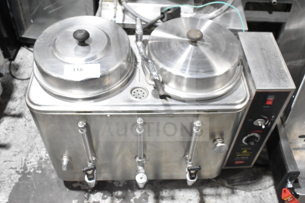 Cecilware CL100-N commercial hot tea urn, stainless steel, dual-lid, 120/240V, 1 Phase, with control panel, tag number 118.