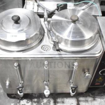 Cecilware CL100-N commercial hot tea urn, stainless steel, dual-lid, 120/240V, 1 Phase, with control panel, tag number 118.