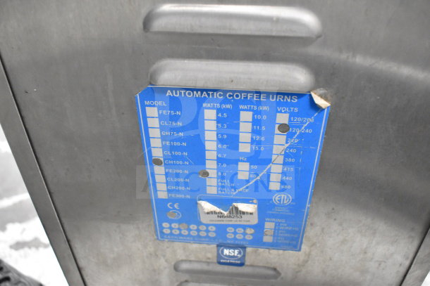 Cecilware CL100-N Commercial Hot Tea Urn, 120/240V, 1 Phase, blue label showing model and specifications, NSF certified.