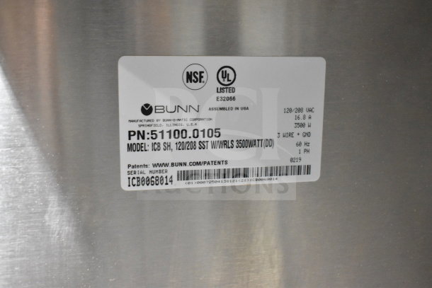 Bunn ICB SH Automatic Coffee Brewer label, showing model, voltage, and serial number ICBO068014.