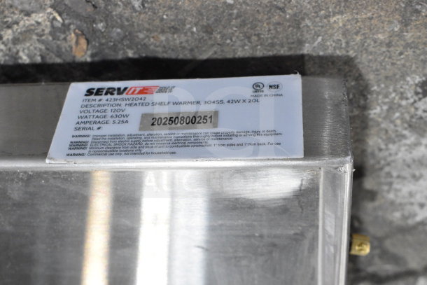 ServIt 423HSW2042 commercial heated shelf warmer, 120V, 1 phase, stainless steel, NSF certified, with visible serial number.