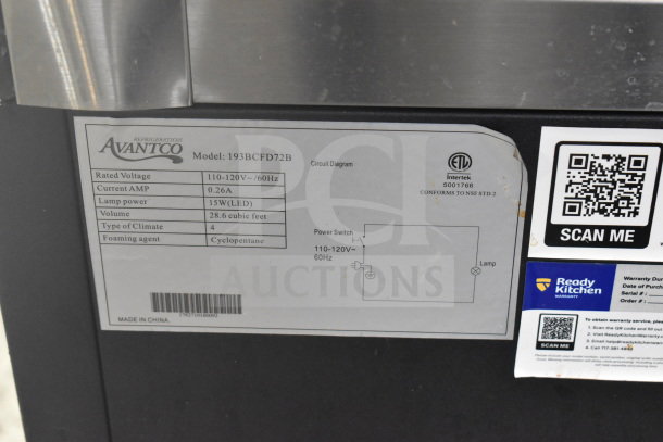 Avantco 193BCFD72B Black Square Bakery Display Case with LED, 28.6 cu ft, 110-120V. Labels show specs and warranty info.