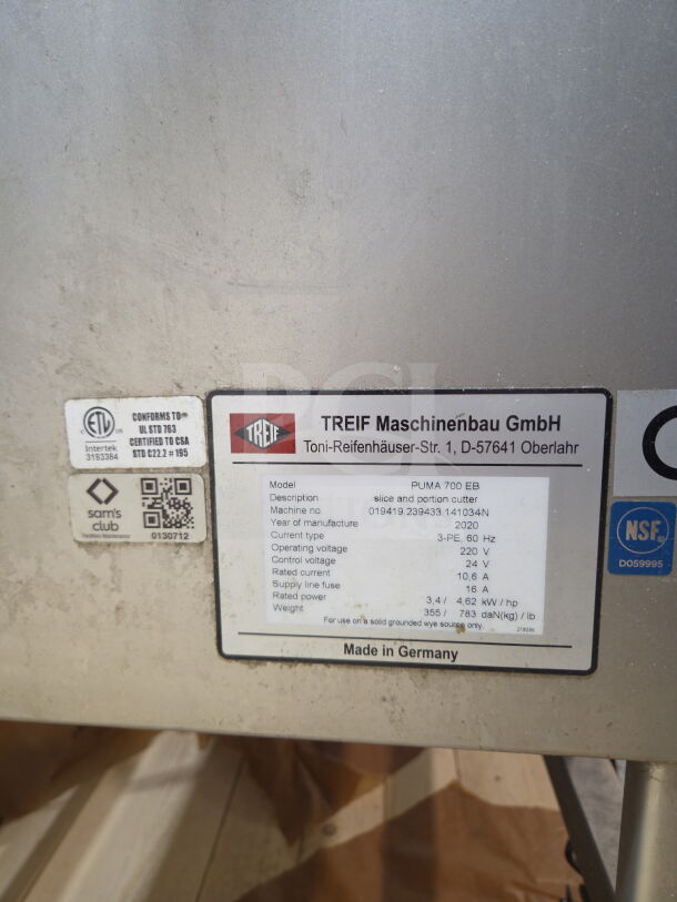 2020 Treif Puma 700 EB meat slicer, 3-phase, 220V. Features include NSF certification and commercial casters. Made in Germany.