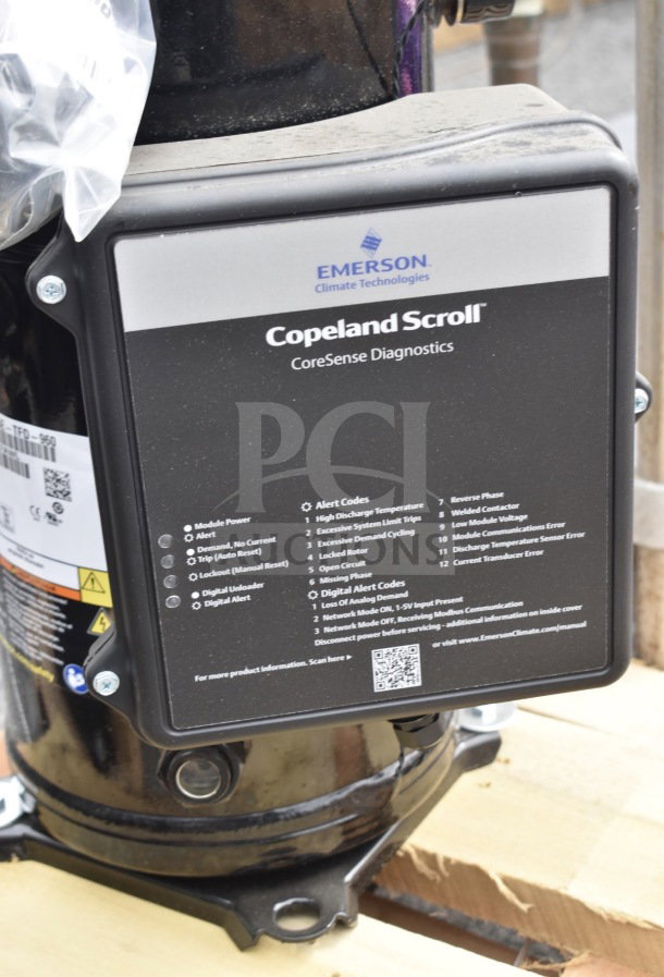 BRAND NEW SCRATCH AND DENT Emerson ZF34K5E-TFD-960 Compressor, features Copeland Scroll tech, CoreSense Diagnostics panel.