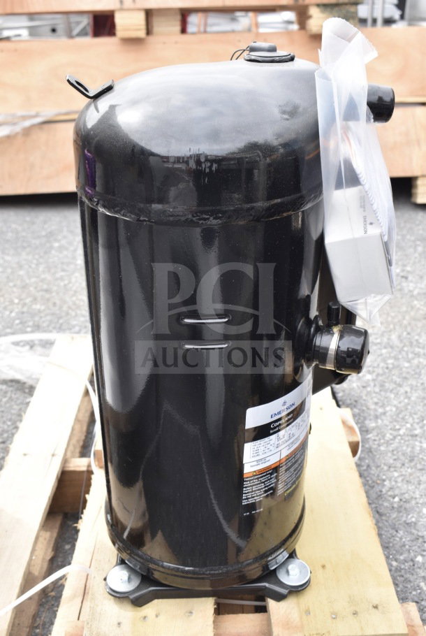 BRAND NEW Emerson ZF34K5E-TFD-960 Compressor, black, scratch and dent condition, visible label with specs, on wooden pallet.