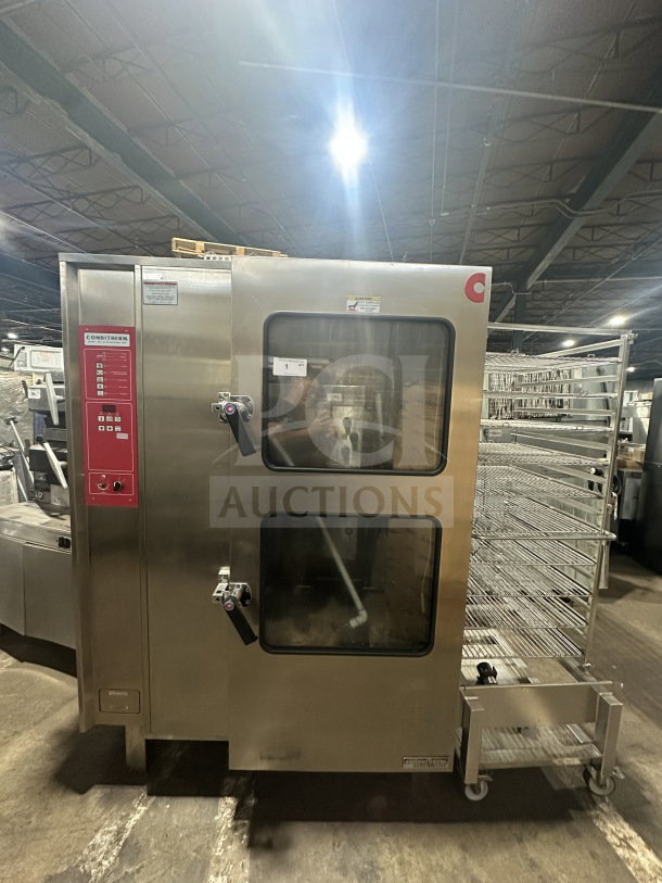 Alto-Shaam Combitherm 2020G natural gas convection oven, stainless steel, full-size roll-in rack, on legs, 110-120V, 1 phase.