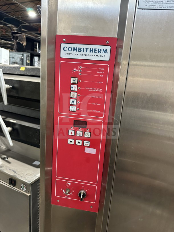 Alto-Shaam Combitherm Series 2020G combi convection oven, stainless steel, natural gas, full-size roll-in rack, control panel detail.