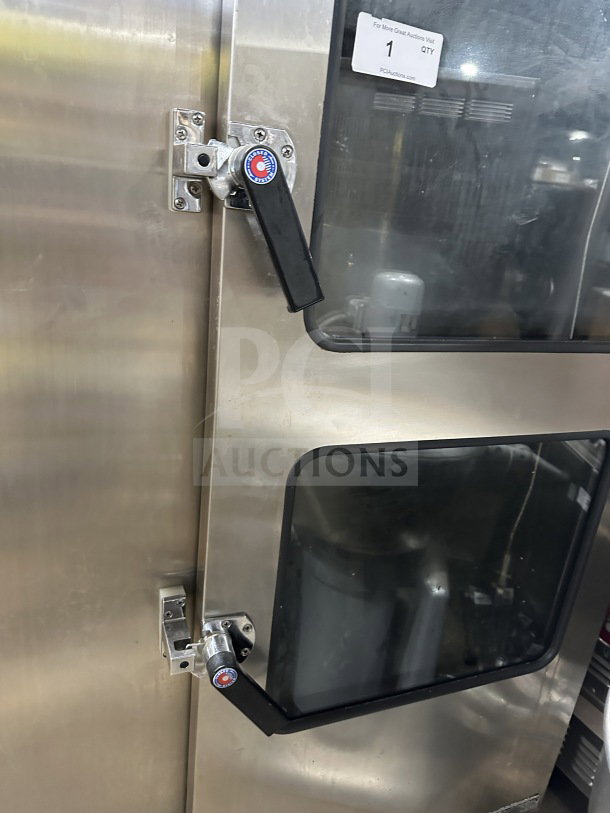 Alto-Shaam Combitherm 2020G commercial combi convection oven, stainless steel, natural gas, full-size roll-in rack, on legs.