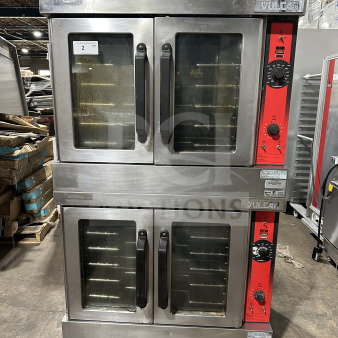 Vulcan VC4GD-11D150K double stacked stainless steel gas convection oven on casters, Energy Star certified, with wired rack.