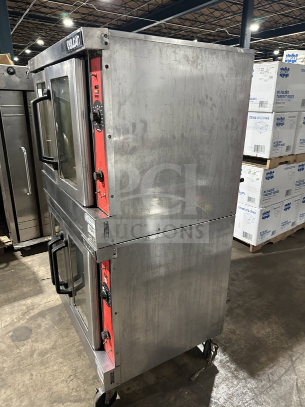 Vulcan VC4GD-11D150K stainless steel double-stacked gas convection oven, Energy Star certified, on casters, includes wired rack.
