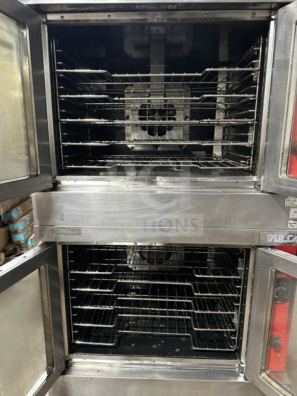 Vulcan commercial stainless steel double convection oven, model VC4GD-11D150K, Energy Star certified, with wired racks and casters.