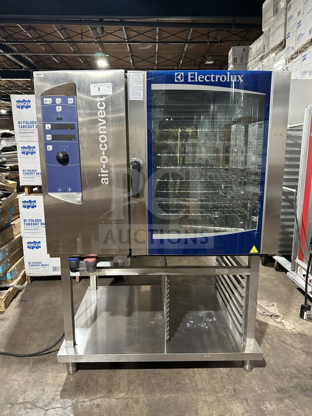 Electrolux Air-O-Steam combi convection oven, model A0S102GCP1, stainless steel, natural gas, with open storage below.