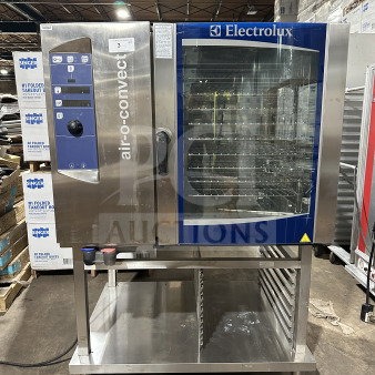 Electrolux Air-O-Steam combi convection oven, model A0S102GCP1, stainless steel, natural gas, with open storage below.