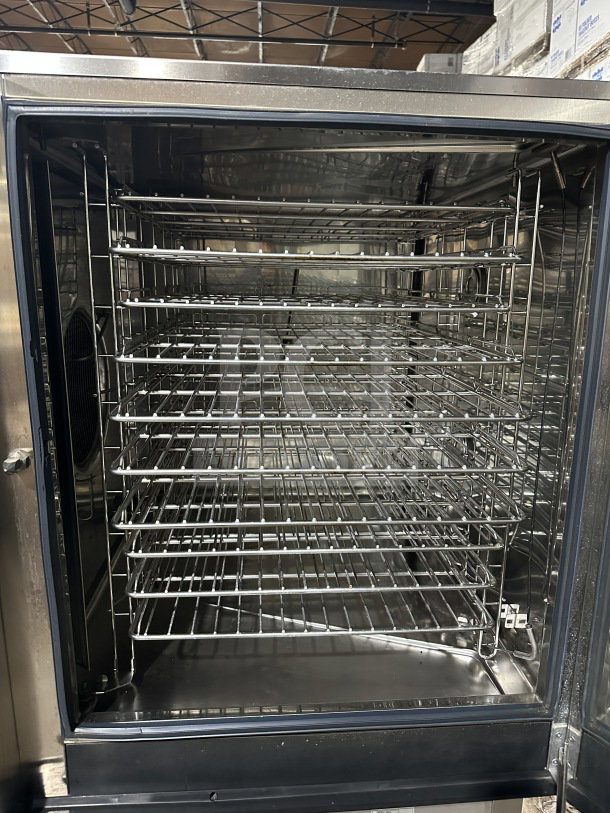 Electrolux Air-O-Steam combi convection oven, model A0S102GCP1, stainless steel, natural gas, with storage, on legs.