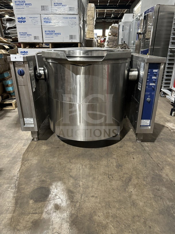 Electrolux ProThermetic Sprint gas tilting boiling pan, model CKU5HOEOOOO, stainless steel, heavy-duty, on legs, 120V.
