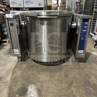 Electrolux ProThermetic Sprint gas tilting boiling pan, model CKU5HOEOOOO, stainless steel, heavy-duty, on legs, 120V.