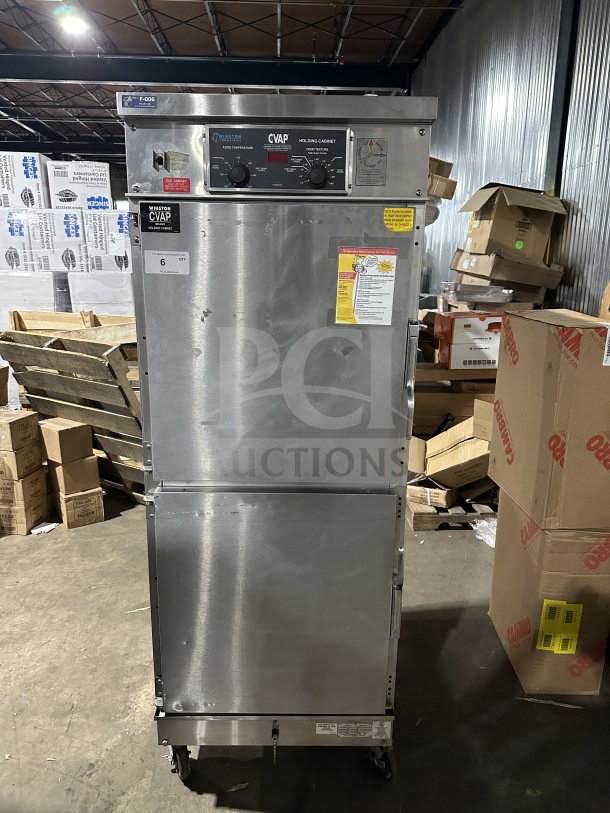 Winston Industries CVap-4000A Heated Holding Cabinet, model HA4522GE, stainless steel, pass-through doors, built-in racks, on casters.